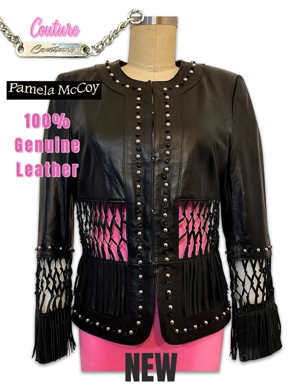 Couture Genuine Leather crochet Fringed boho edgy blazer jacket xsmall western